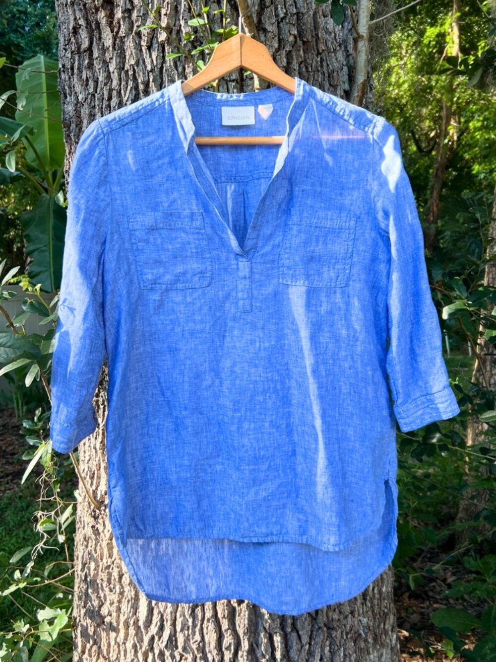 NWOT  Chico's High-Low 100% Linen Popover Blouse Sky Blue 3/4 Sleeve Vibrant!